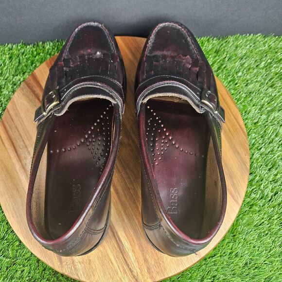 GH Bass & Co Men’s Size 11.5M Burgundy Leather Fringe Buckle Loafers Shoes - Picture 7 of 11